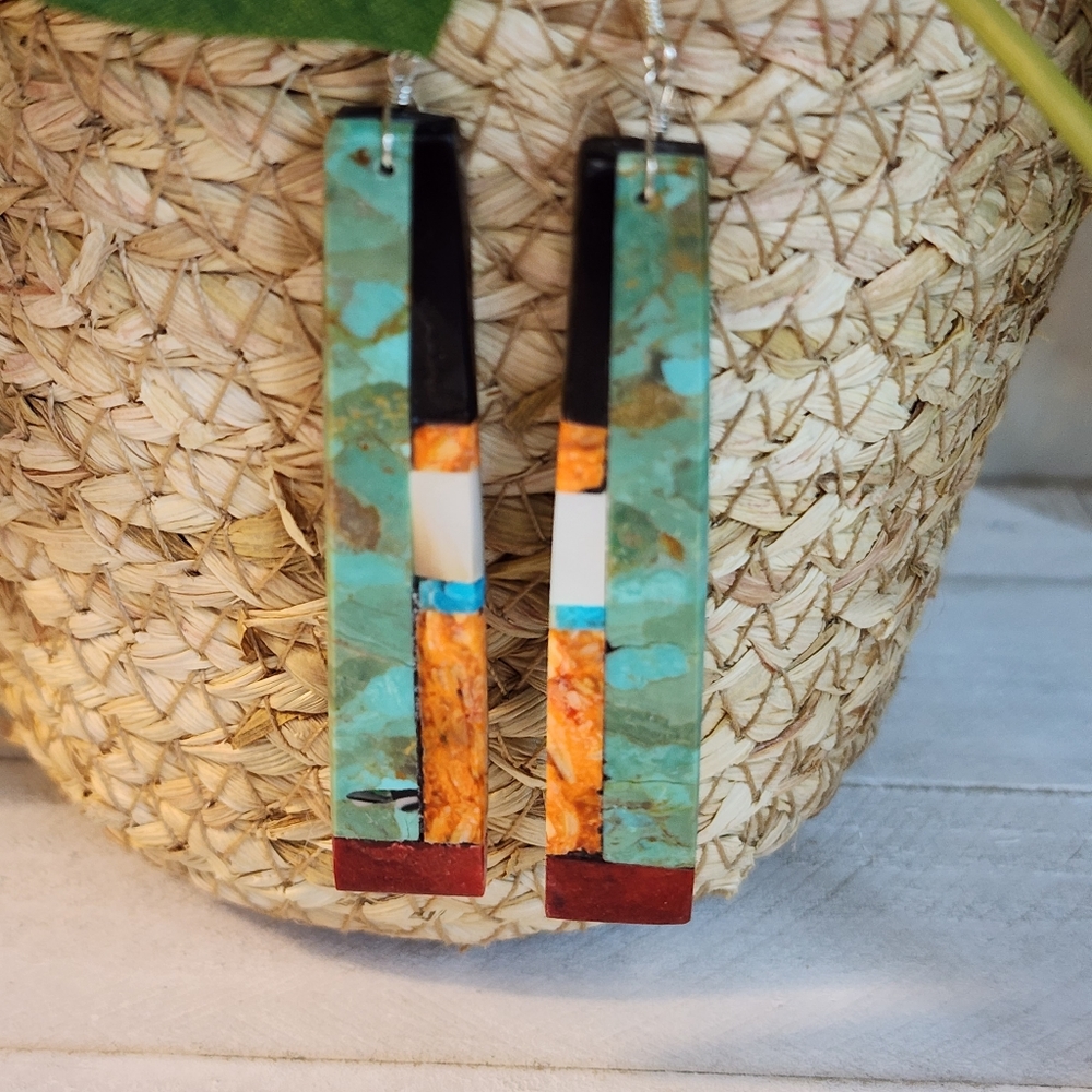 Native American Multi Stone Inlay Drop Earrings - Picture 2 of 15